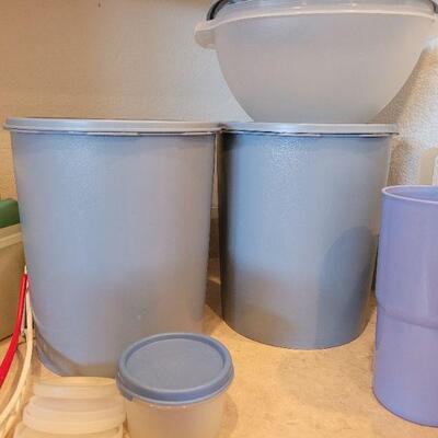 Lot 65: Blue Tupperware and Miscellaneous Tupperware Lids & Accessories 