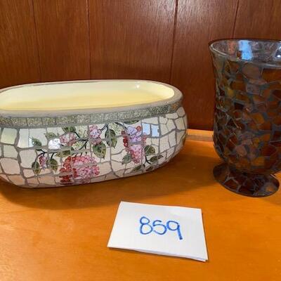 Lot 859 - Mosaic pot and candle holder