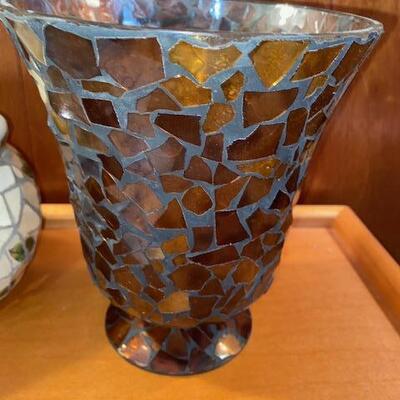 Lot 859 - Mosaic pot and candle holder