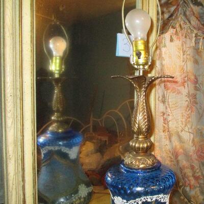 Lot 18 - Blue Art Glass and Brass Lamp LOCAL PICKUP ONLY