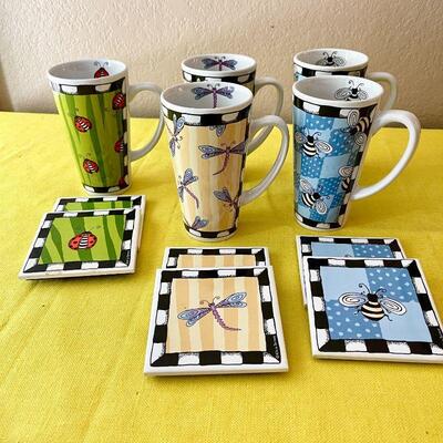 LOT 206  "BUG ME" STONEWARE MUGS & COASTERS BY ALICIA TORMEY DESIGNS