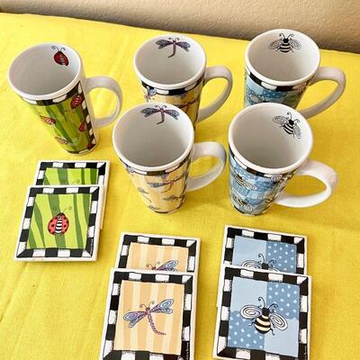 LOT 206  "BUG ME" STONEWARE MUGS & COASTERS BY ALICIA TORMEY DESIGNS