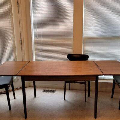 Lot 238: Vintage Mid Century Modern MADE IN DENMARK Dining Table + (4) Made in Yugoslavia Dining Chairs