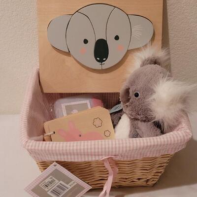 Lot 275: NEW Baby Girl Basket, Koala Plushie, Puzzle and Book
