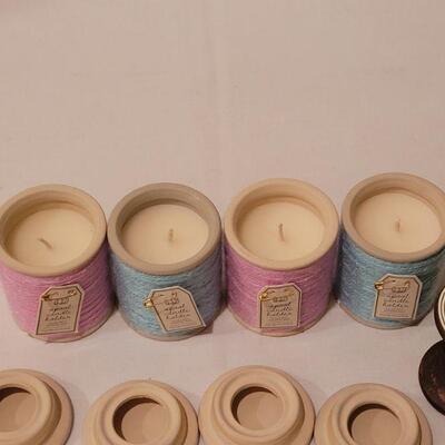 Lot 286: New (4) Small Spool Candles and Spool Deco Hangers