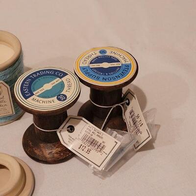 Lot 286: New (4) Small Spool Candles and Spool Deco Hangers