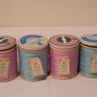 Lot 286: New (4) Small Spool Candles and Spool Deco Hangers