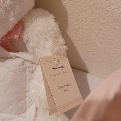Lot 289: New Baby Girl Hooded Zebra Blanket, Wish Bear and Basket