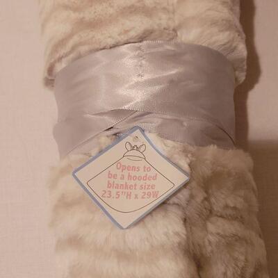 Lot 289: New Baby Girl Hooded Zebra Blanket, Wish Bear and Basket