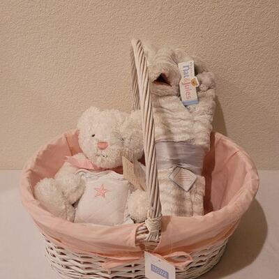 Lot 289: New Baby Girl Hooded Zebra Blanket, Wish Bear and Basket
