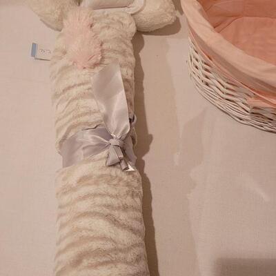 Lot 289: New Baby Girl Hooded Zebra Blanket, Wish Bear and Basket
