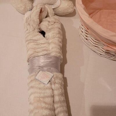 Lot 289: New Baby Girl Hooded Zebra Blanket, Wish Bear and Basket