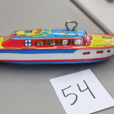 Lot 54 1950's J. Chein 9in Tin Wind Up Boat (works)