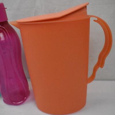 4 pc Tupperware: Orange Pitcher, 3 Water Bottles