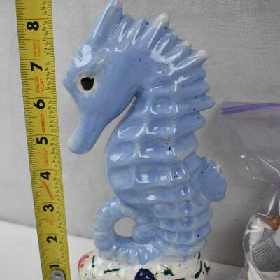 Ocean Decor: Ceramic Seahorse, Bag of Sea Shells, Wooden Whale Trinket Dish