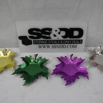 4 Leaf Shaped Metal Trays/Plates: Gold, Green, Purple, Silver