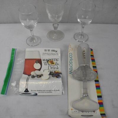 5 pc Wine Drinking: 3 Glasses, 1 Corkscrew, 1 set of drink charms
