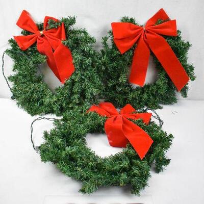 3 Pre-lit Wreaths with Red Bows & White Lights, Work