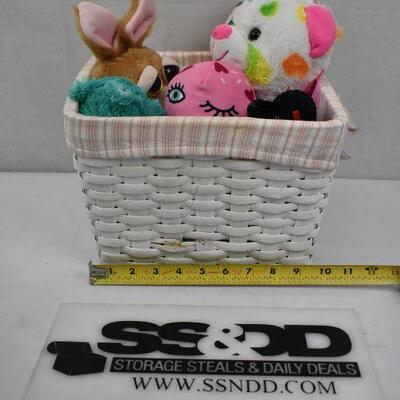 Basket of 5 Stuffies - Feisty Bunny, Color Bear, Ice Cream, Beanie Baby, Hippo