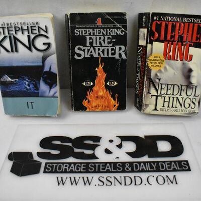 3 Paperback Fiction Books by Stephen King: IT, Fire-Starter, Needful Things