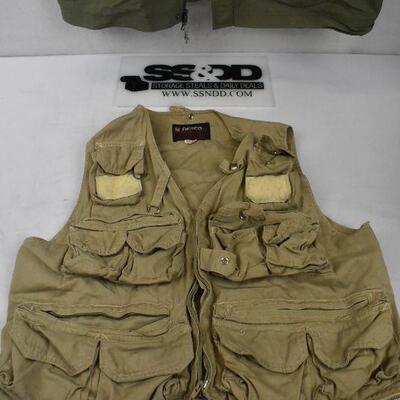 2 Fishing Vests: Green Fieldline Men's M/L & Tan Nesco size Small
