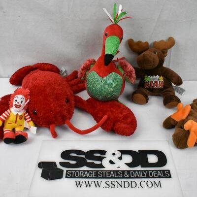 5 pc Stuffed Animal Toys: Lobster, Flamingo, Moose, Ronald McDonald
