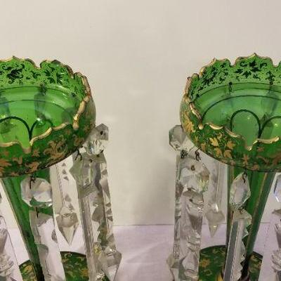 Lot #85  Pair Baccarat Green Glass Mantle Lustres with long prisms