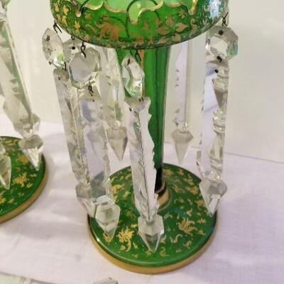 Lot #85  Pair Baccarat Green Glass Mantle Lustres with long prisms