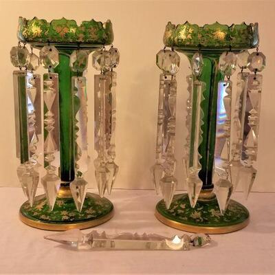 Lot #85  Pair Baccarat Green Glass Mantle Lustres with long prisms