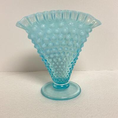 A - Fenton Blue Hobnail Fan Vase 