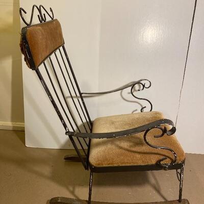 Lot# 131 Old Childâ€™s Upholstered Wrought Iron and Wood Rocker 
