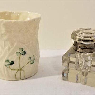 Lot #109  Belleek Vase and Antique Inkwell