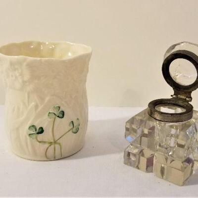 Lot #109  Belleek Vase and Antique Inkwell