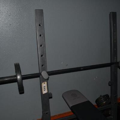 LOT 111. GOLD'S GYM WEIGHT BENCH AND WEIGHT SET