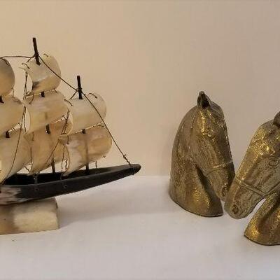 Lot #133  Ship's Model and Brass Bookends