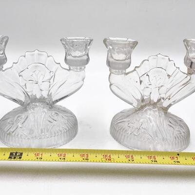 JEANNETTE IRIS AND HERRINGBONE CLEAR DEPRESSION GLASS CANDLE HOLDER (LOT #11)