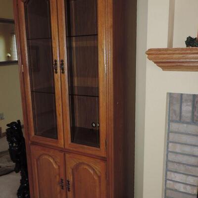 GLASS FRONT CABINET AND CORNER SHELVING