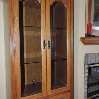 GLASS FRONT CABINET AND CORNER SHELVING