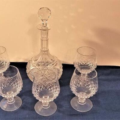 Lot #165  Cut Glass Decanter with 5 crystal brandy snifters