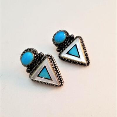 Lot #173  Pair of Sterling, Turquoise and Mother of Pearl Earrings