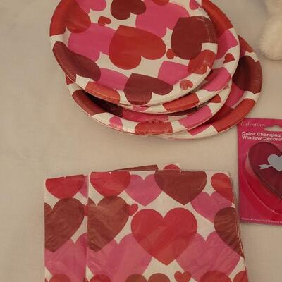 Lot 10: New Valentine's Day Disposable Plates, Napkins, Window Decoration, (2) Coffee Mugs & Plushie