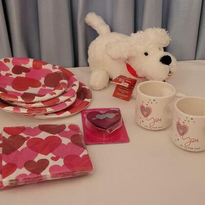 Lot 10: New Valentine's Day Disposable Plates, Napkins, Window Decoration, (2) Coffee Mugs & Plushie