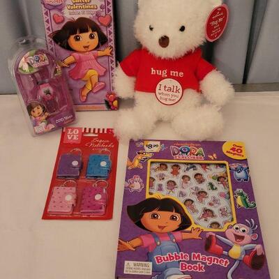 Lot 17: NEW Talking Bear, Dora the Explorer Valentine's Day Cards, Watch, Books and Mini Notebook Gifts