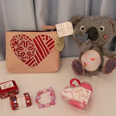 Lot 25: NEW Valentine's Day Bracelet, Earrings,  Socks, Zipper Pouch and Plushie
