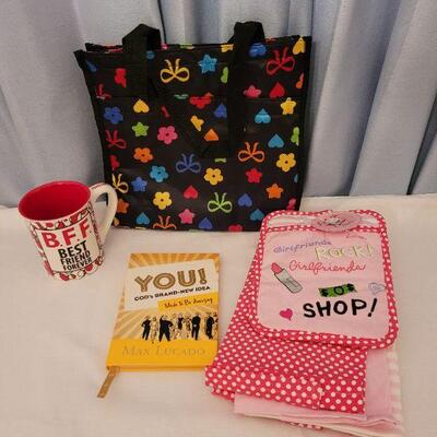 Lot 31: NEW Tote Bag, Kitchen Towels & Hot Pad, Book and Coffee Mug