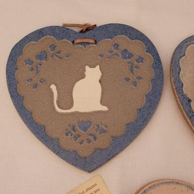 Lot 33: (2) Artist Signed Heart Tiles and Bun Warmer Tile