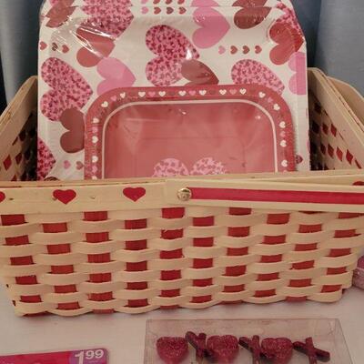 Lot 54:  NEW Valentine's Day Basket, Disposable Plates, Napkins, Candles and Window Decoration