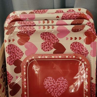 Lot 54:  NEW Valentine's Day Basket, Disposable Plates, Napkins, Candles and Window Decoration