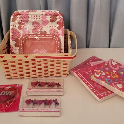 Lot 54:  NEW Valentine's Day Basket, Disposable Plates, Napkins, Candles and Window Decoration