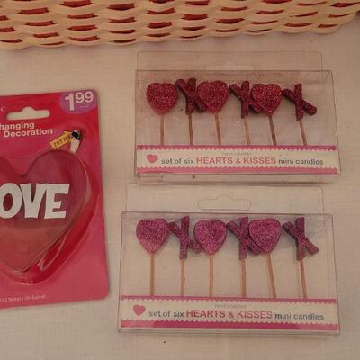 Lot 54:  NEW Valentine's Day Basket, Disposable Plates, Napkins, Candles and Window Decoration
